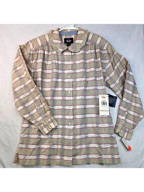 Vintage Dockers Ruffled Peter Pan Collar Cotton Shirt M Beige Striped Retro